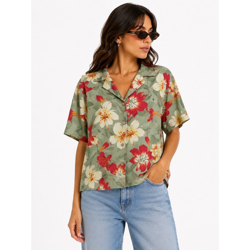 Havana Jacks Cafe Button Down‎ Women M Green Floral Tropical Rayon Aloha Shirt